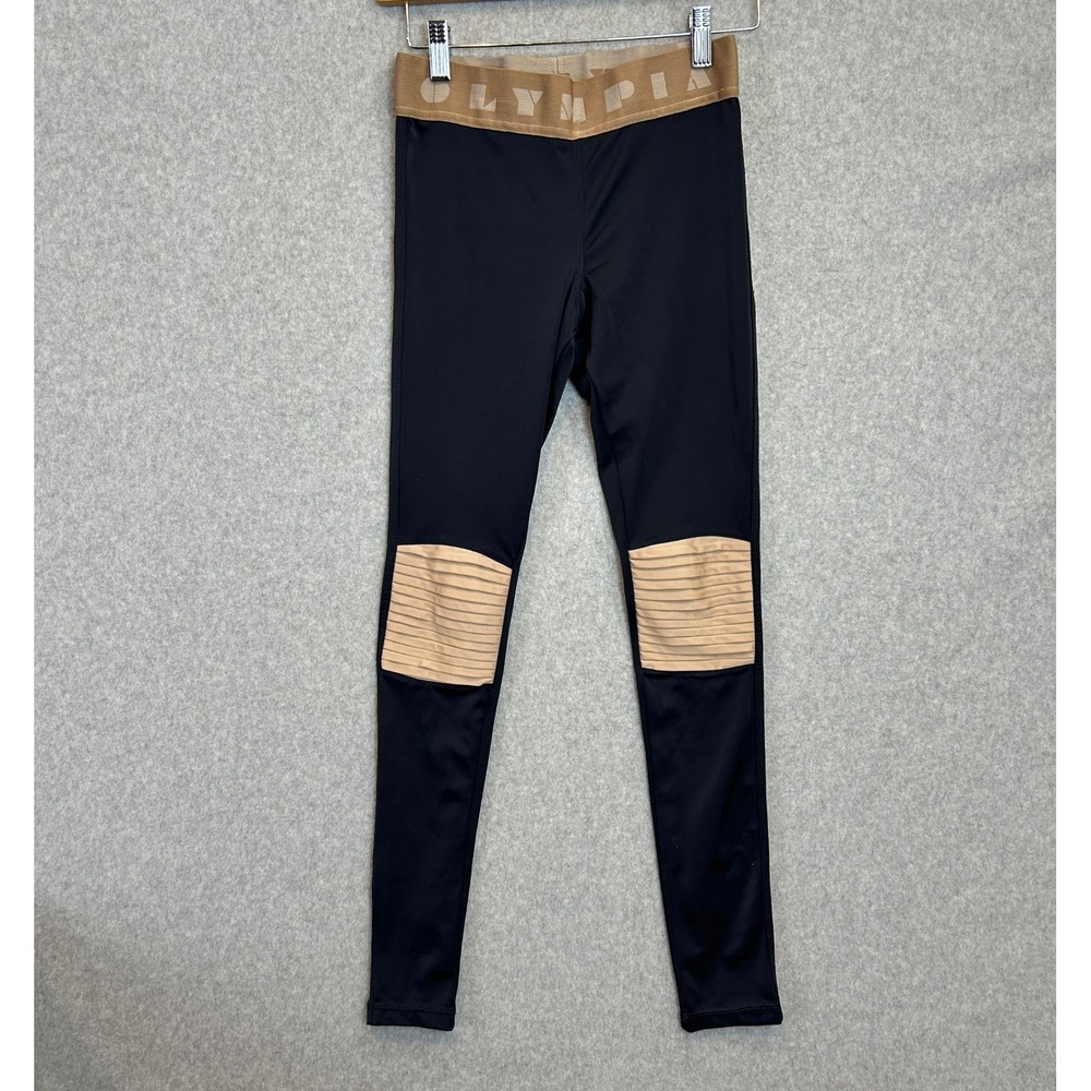 Olympia Activewear Leggings Black Tan Moto Pleated Knee Yoga Gym Size P / XS